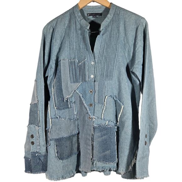 Elliott Lauren Linen Cotton Patch Denim Long Sleeve‎ Top 8 - Picture 1 of 9